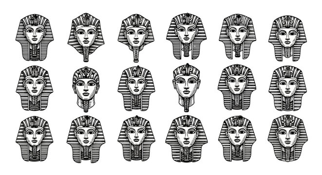 Collection of Egyptian Pharaoh Masks, Ancient Hieroglyphic Faces, Vector Icons