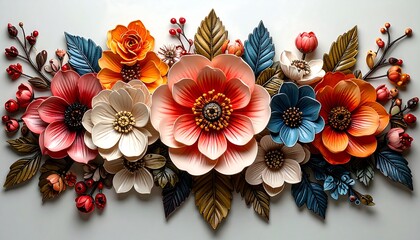 Colorful Floral Arrangement with Intricate Paper Flowers and Foliage.