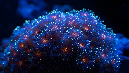 Fototapeta premium Vibrant blue coral reef with glowing tentacles underwater