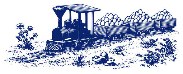 Small vintage train locomotive carrying wagons full of easter eggs in woodcut style © Tomas