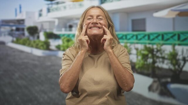Senior woman presses fingers to cheeks while performing facial exercises in front of a white seaside building; self care contentment.