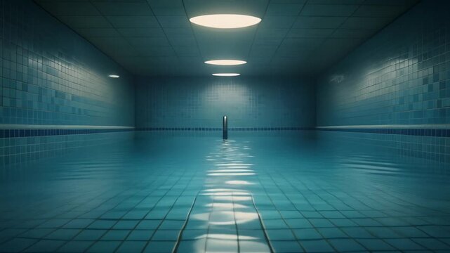 Indoor swimming pool interior with clean tiles, warm ambient light and relaxing spa 