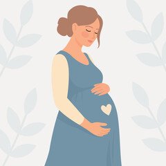 Hand Drawn Pregnant Woman Illustration with Leaf Background, Minimalist Motherhood Maternity Vector. © Pixel Corner