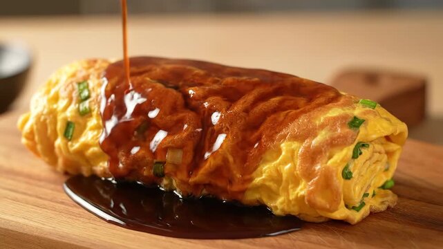 A close-up shot of a rolled omelet is being drizzled with a rich, dark sauce, presented on wooden surface