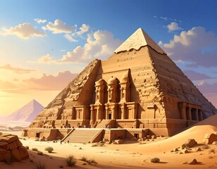 Majestic Egyptian Pyramid Complex in Golden Desert Landscape.