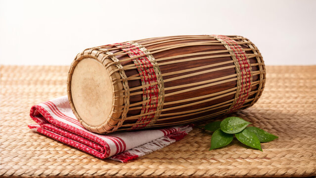 Assamese dhol folk drum, a traditional indian musical instrument, resting on a folded gamosa textile with green leaves, representing bihu festival culture and tradition