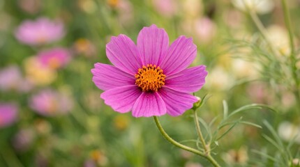 Obraz premium Vibrant Pink Cosmos Flower Blooming in a Sunlit Garden Field