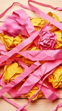 Colorful crumpled paper and ribbon chaos on a wooden surface a vibrant abstract composition symbolizing frustration creativity or playful disarray for design projects