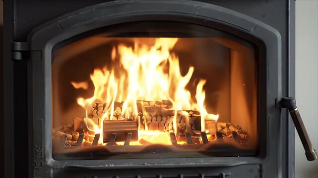 Vibrant flames dance within a modern wood-burning stove, creating a warm and cozy atmosphere