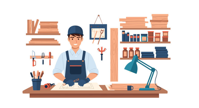 A smiling male carpenter in a blue cap and overalls sits at a wooden desk, working on a blueprint in his organized workshop.