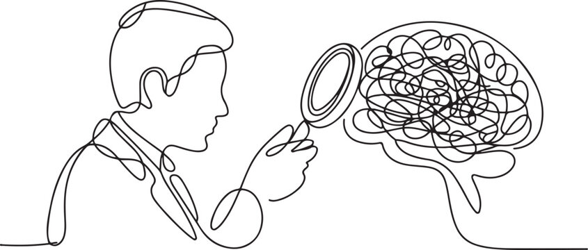 Continuous one line drawing of psychiatrist looks at tangled line in brain with magnifying glass, psychiatric diagnosis, one line art icon drawing vector