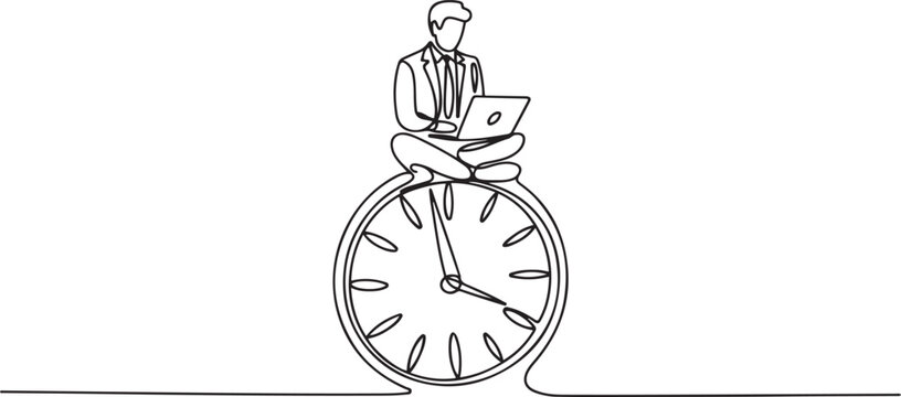 Continuous one line drawing of businessman sitting with legs spread on clock hands and working with laptop, one line art icon drawing vector