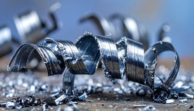 Close-up of Shiny Metal Shavings on a Wooden Surface.