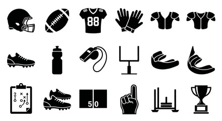 Solid black icons for American football essentials. Sports gear, equipment, and stadium collection. Vector illustration for football training, game day, and athletic competition concepts. Black and wh © VectorGomes