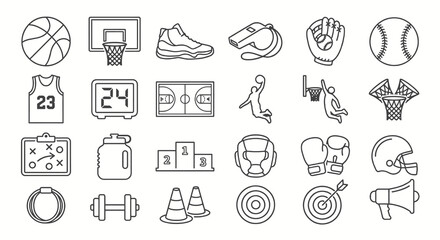 Solid black icons for basketball essentials and court equipment. Sports gear, hoop, and athlete collection. Vector illustration for basketball training, tournament, and game day concepts. Black and wh © VectorGomes
