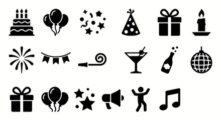 Obraz premium Solid black icons for party and celebration essentials. Birthday cake, balloons, and gift collection. Vector illustration for events, holidays, and festive anniversary concepts. Black and white.