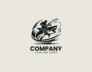 Fisherman riding shark with fishing rod in clean modern extreme adventure vector illustration style