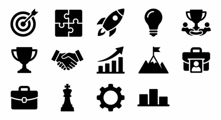 Solid black corporate icons for goals, success, and collaboration. Business strategy, partnership, and achievement collection. Vector illustration for professional growth, leadership, and teamwork con