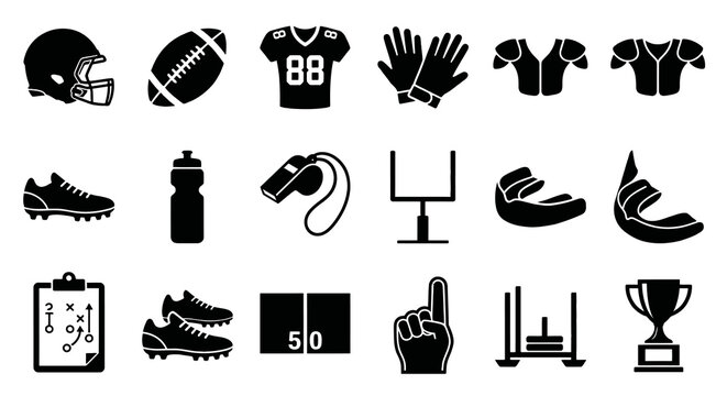Solid black icons for American football essentials. Sports gear, equipment, and stadium collection. Vector illustration for football training, game day, and athletic competition concepts. Black and wh