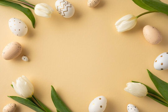 Happy Easter flat lay featuring a white tulip and decorated egg on a soft pastel background evoking spring warmth and gentle seasonal celebration