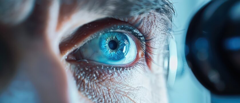 Extreme close up of male patient blue eye during slit lamp examination in ophthalmology clinic, detailed iris and cornea analysis, vision diagnostics concept.