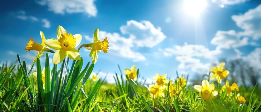 Bright yellow daffodils blooming under clear blue sky with shining sun and soft clouds. Fresh spring nature background symbolizing renewal and seasonal growth.