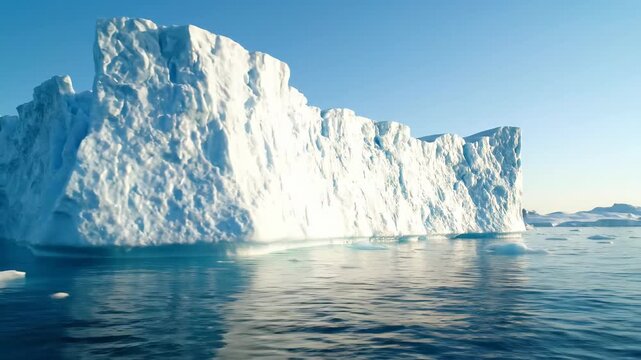 A towering iceberg stands majestically in the tranquil waters, reflecting light. The clear sky casts a gentle glow