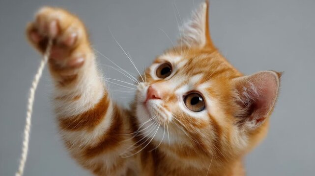 Adorable ginger tabby kitten playfully batting at a piece of string with its paw