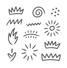 Obraz premium Collection of hand drawn black ink doodles and symbols crown zigzag fire leaf arrow