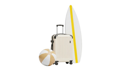 Summer vacation luggage with surfboard, beach ball, and suitcase on white background
