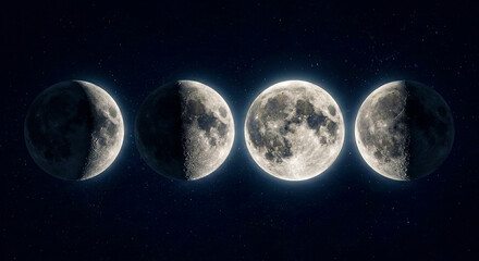 Fototapeta premium From the shadow of the New Moon to the full brilliance of the Full Moon. A representation of the four phases that govern the tides and inspire the gaze. The eternal ballet of time in the night sky.