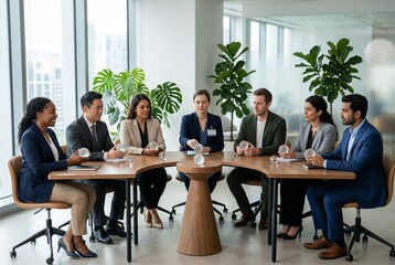 Obraz premium A realistic corporate portrait scene featuring a diverse panel seated in a semicircle, each holding a frosted glass sphere symbolizing data stewardship, with a moderator placing one on a wooden