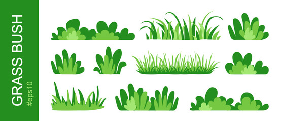 Naklejka premium Grass bush, cartoon tree silhouette. Green lawn, forest, park and shrub icon. Simple field plant, spring meadow, cute summer jungle collection isolated on white background. Nature vector illustration