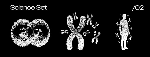 White dot particles form DNA helix, X chromosome and human silhouette on black background with Science Set title and O2 label. Conceptual vector illustration for biology, genetics, DNA structure.