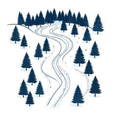 Fototapeta premium Winter Landscape with Snowy Path and Evergreen Trees in Illustration Style