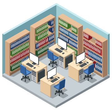 Library Office Workstations with Computers and Bookshelves.