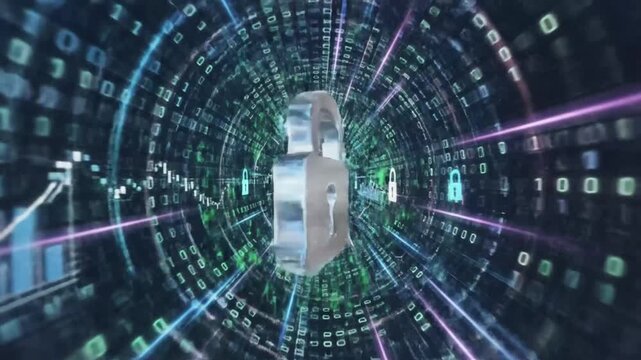 Digital padlock in secure data tunnel with binary code