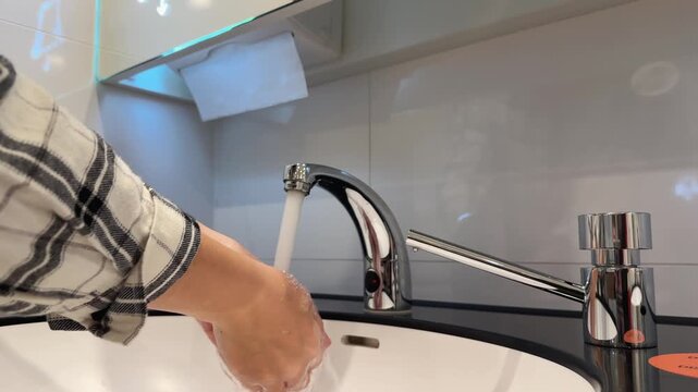 A woman washes her hands with water and wipes with a napkin in the toilet of a shopping center. Touchless sensor, accessible environment for hygiene