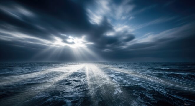 Dramatic ocean scene with sunbeams piercing through dark stormy clouds over water