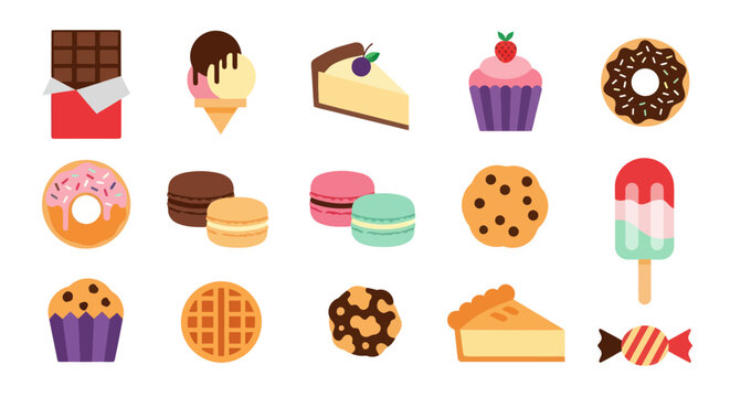 Assortment of sweet desserts in flat illustration