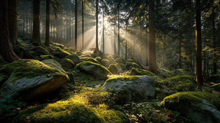 Obraz premium Golden sunbeams streaming through a forest canopy, illuminating moss-covered stones