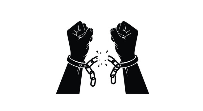 Two powerful black-silhouetted fists are shown forcefully breaking apart metal handcuffs and a chain, with radiating lines indicating the rupture on a white background.