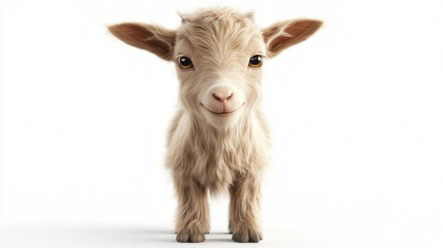 Fluffy tan baby goat kid facing camera on white background