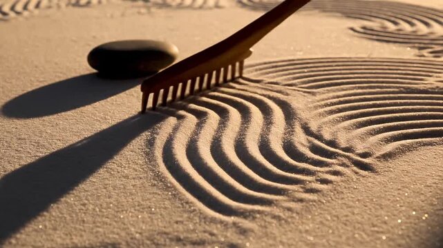 Close up of a wooden rake drawing wavy patterns in a sand zen garden.