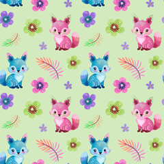 Obraz premium Seamless cute animal pattern featuring adorable cartoon foxes surrounded by colorful flowers on a soft green background. Cheerful design for nursery decor, fabric prints, wallpaper and wrapping paper