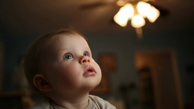 Close-up of a baby's face looking up with curiosity towards a ceiling light fixture