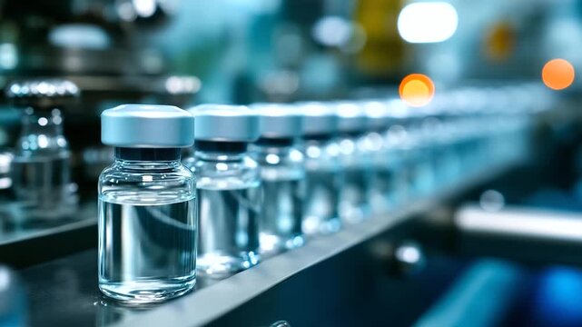 Rows of empty pharmaceutical glass vials with silver caps, lined up for production in clean manufacturing facility, sterile packaging preparation, defocused vial arrangement, with