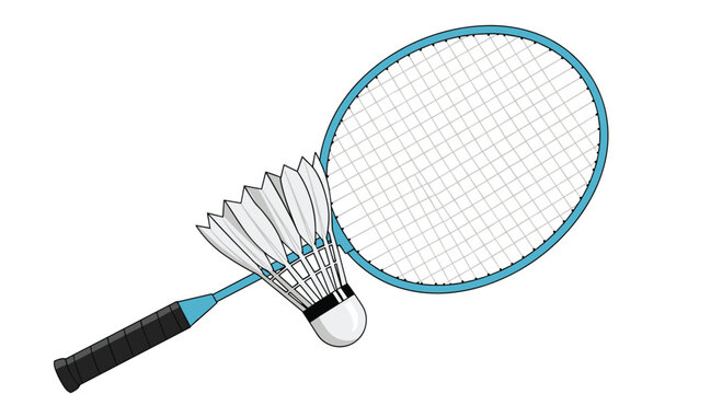 A light blue badminton racket with a white string mesh and a white feathered shuttlecock are displayed on a clean background.