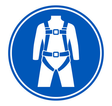 Mandatory Safety harness icon. Must be worn warning sign for fall protection. Protective equipment symbol used for industrial workplace safety rules and construction warning systems