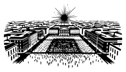 Large crowd of people gathered in a city square under the morning sun rays illustration © Mago